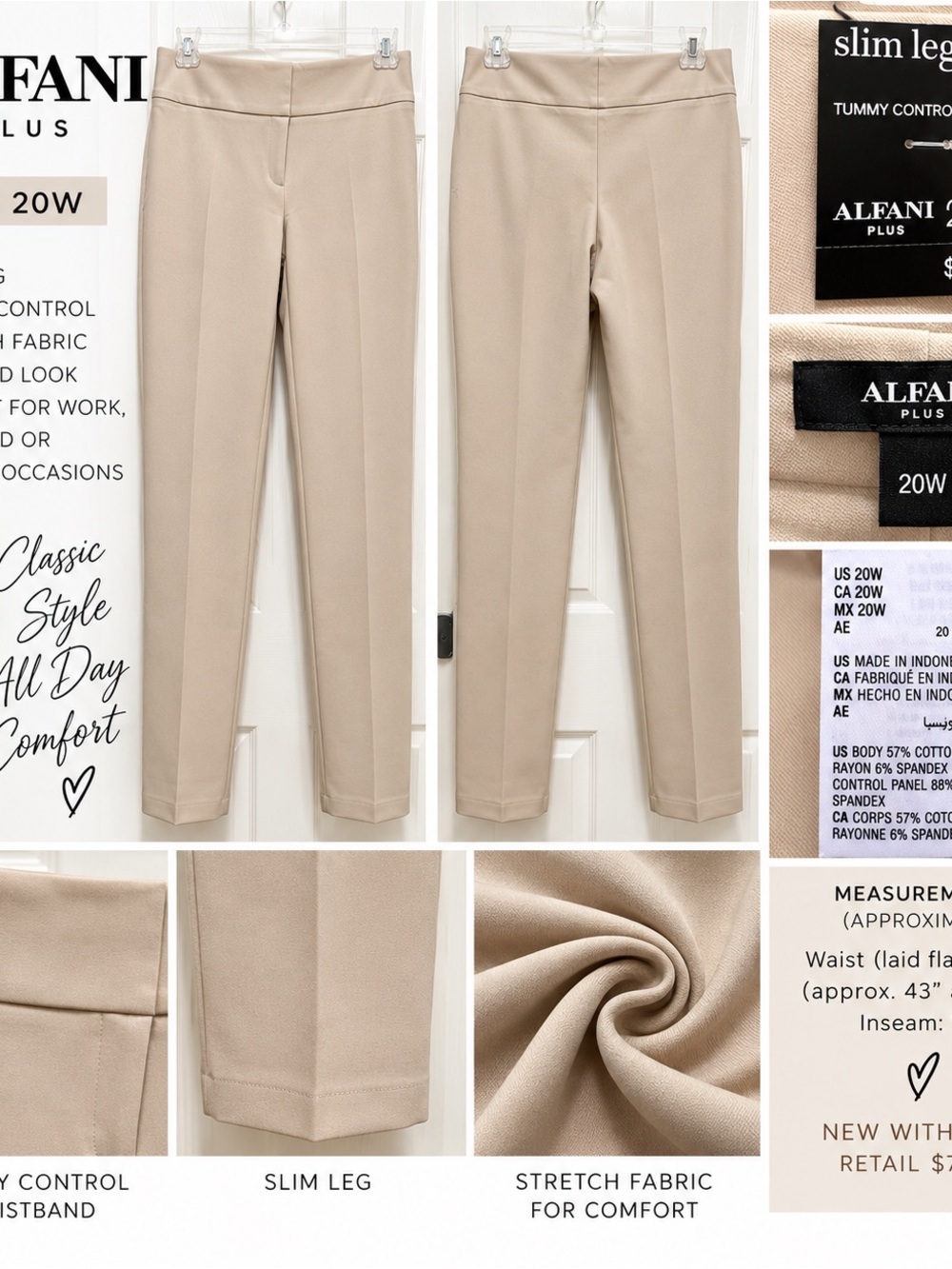 NWT Alfani Plus 20W Slim Leg Tummy Control Pants Beige